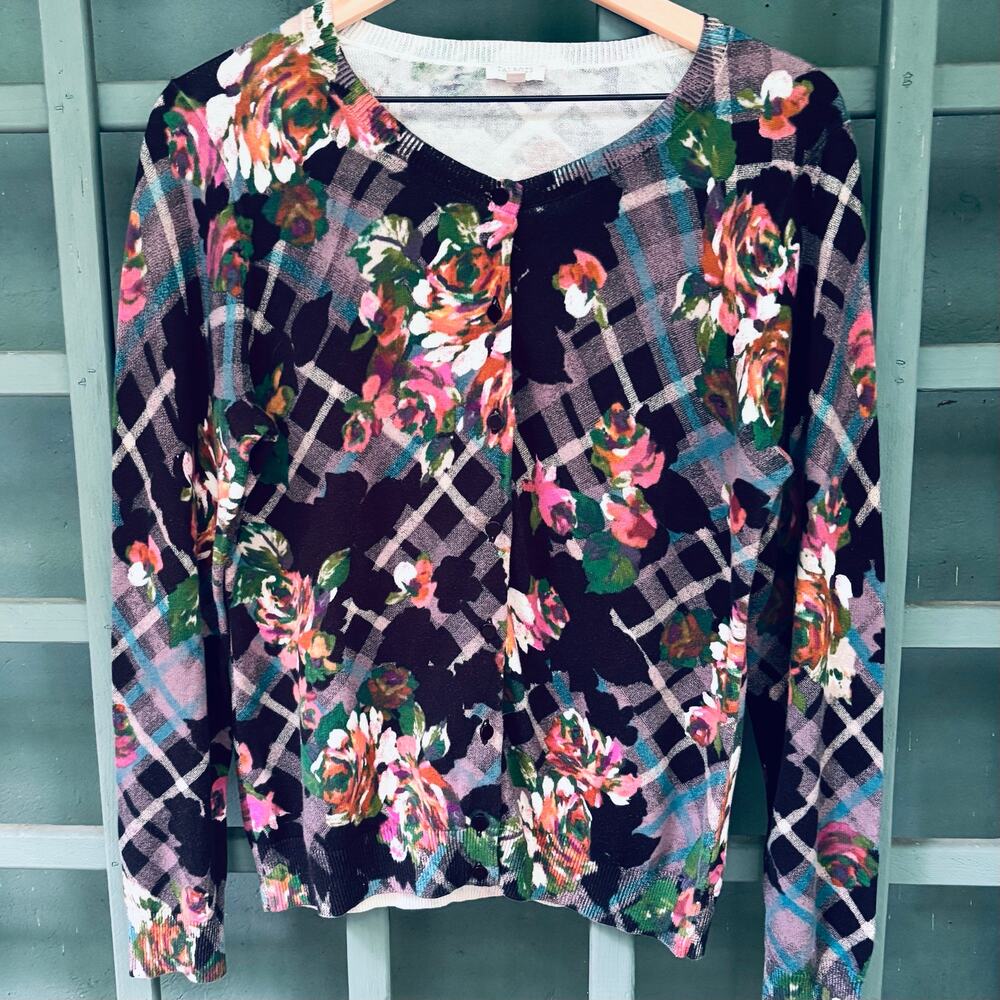 Talbots Floral Plaid Crewneck Cardigan Sweater- size M- eclectic preppy - Picture 2 of 5